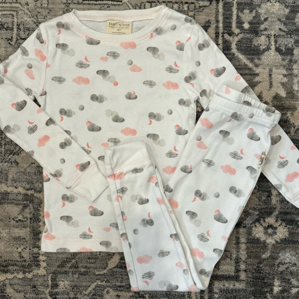 Rabbit + Bear Pink and Gray Cloud Print Girls Pajama Set